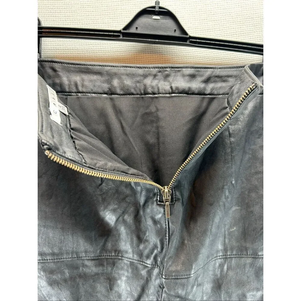 CAbi Black Faux Leather Pencil Skirt Size 2 Moto Zip Back Slit Lined